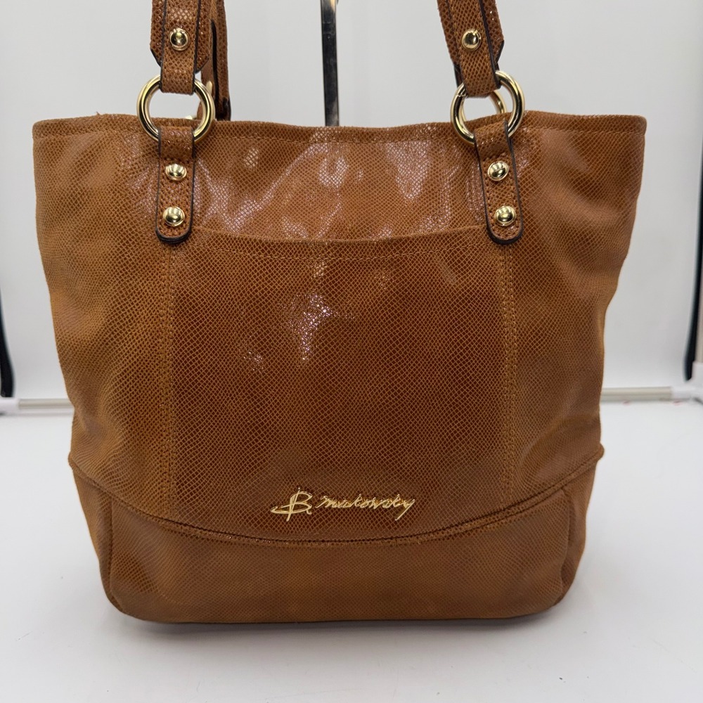 B Makowsky Brown Textured Leather Tote Bag Gold Hardware